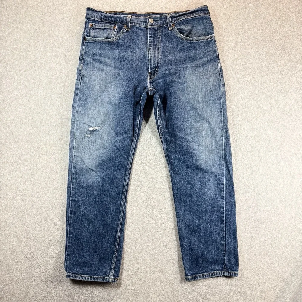 Levis 505 Jeans Mens 36x30 Blue‎ Regular Straight Faded Distressed Stretch